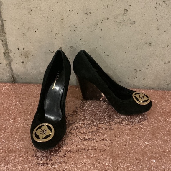 BCBGeneration Black Suede Round Toe Wedge Pumps; Gold Medallion on Toe - Size 7 - Picture 2 of 7